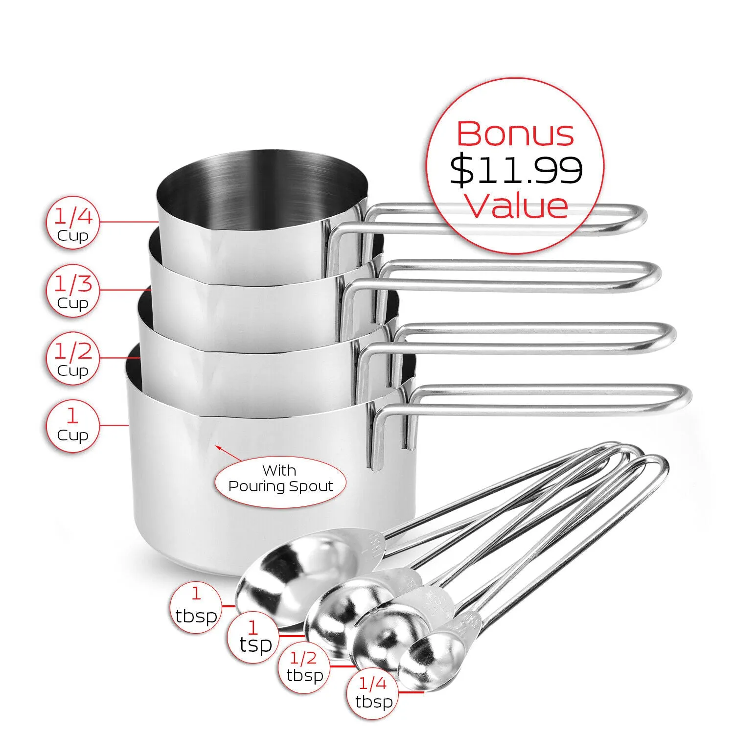 14 Pieces Stainless Steel Mixing Bowls With Measuring Cups and Spoons