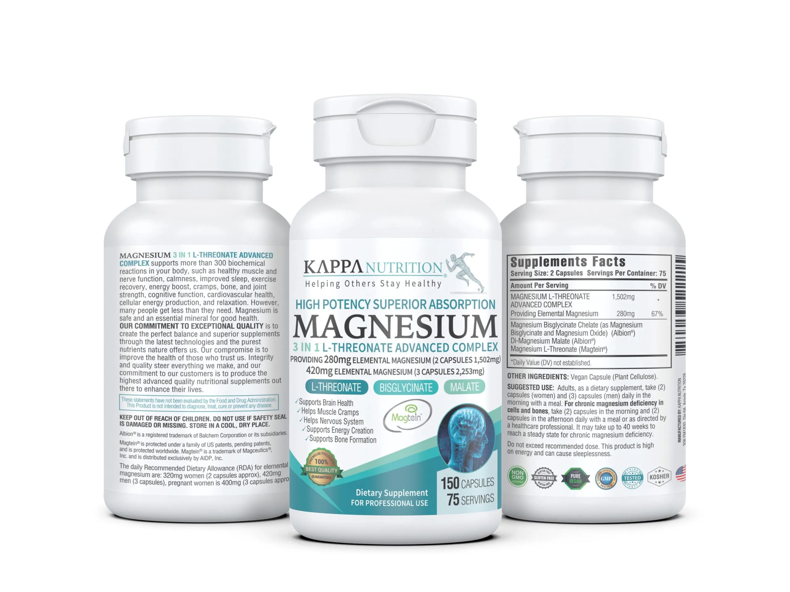 (150 Capsules), 2,253mg Per Serving, Providing 420mg Elemental Magnesium, L-Threonate, Bisglycinate Chelate, Malate, from Kappa Nutrition.