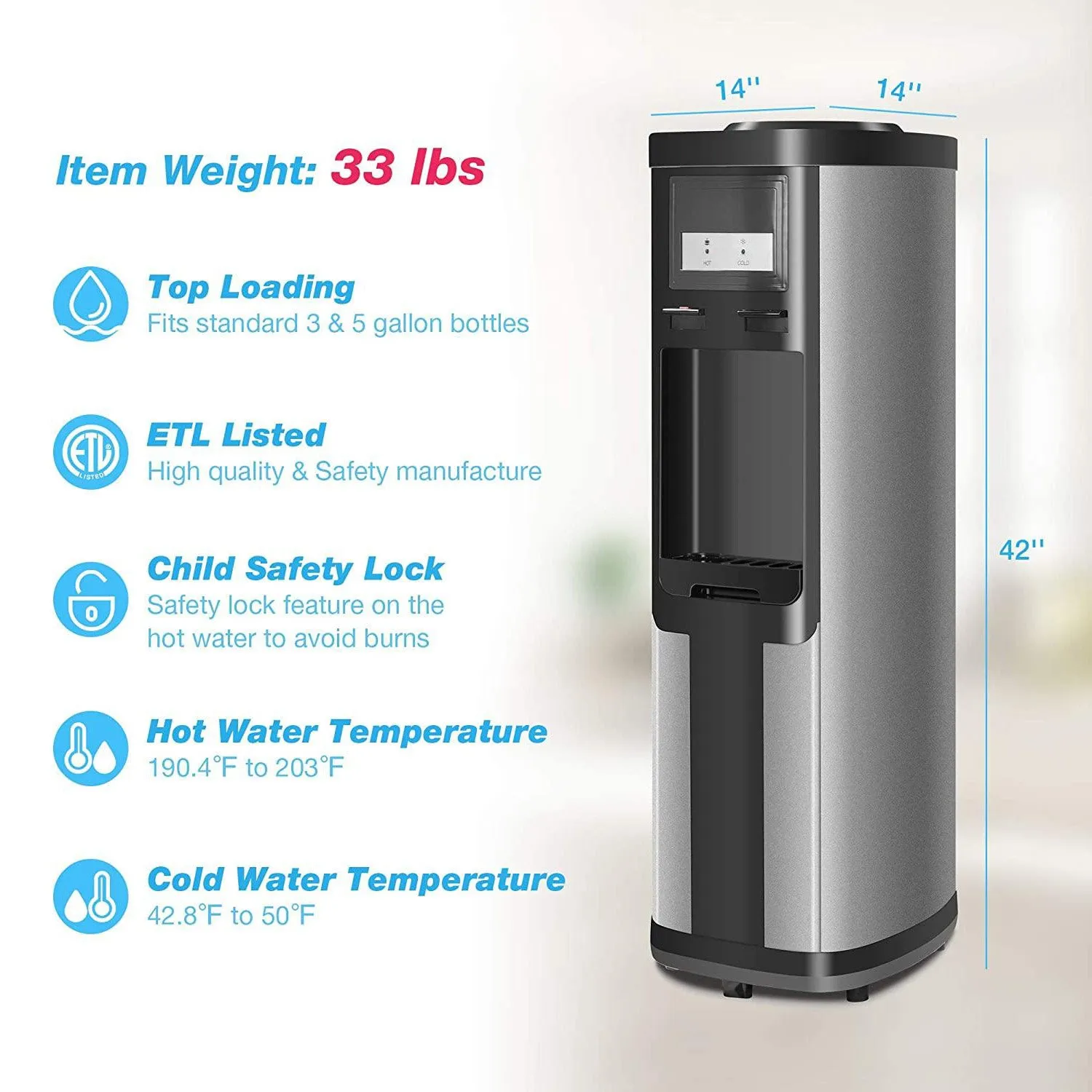 3-5 Gallon Top Loading Water Dispenser Cooler Hot and Cold with Child Safety Lock, ETL Listed Quiet, Black