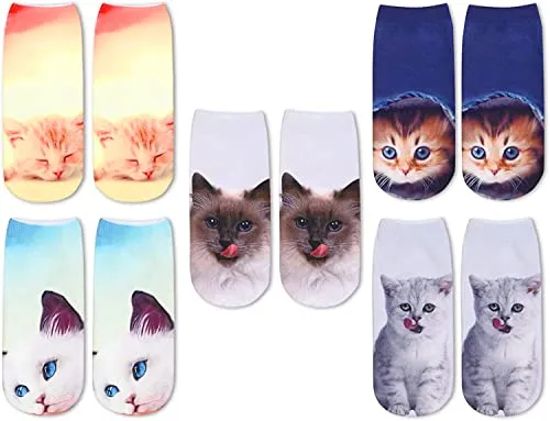 5 Pairs Women's Cat Socks Cat Gifts For Cat Lovers Mom, Novelty 3D Print Socks for Women