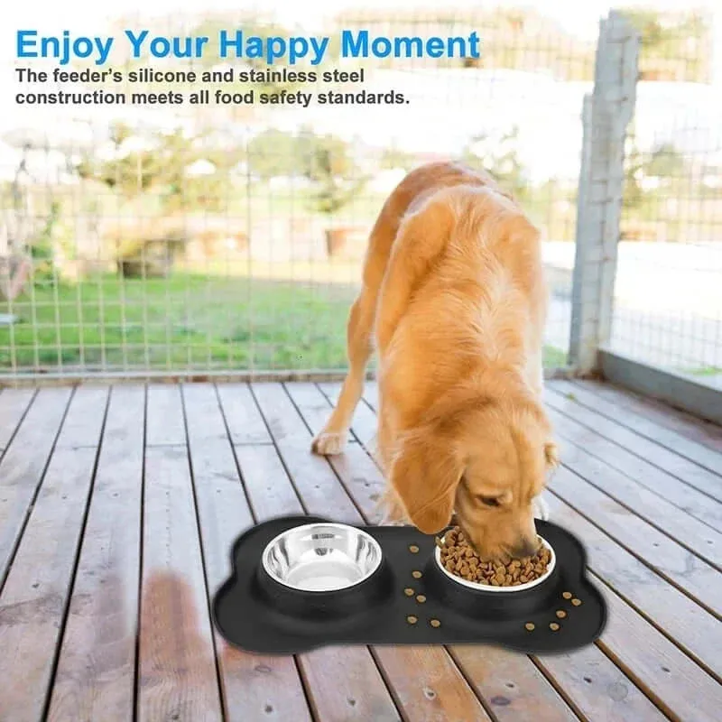 Anti-Slip Stainless Steel Pet Feeder Bowls with Durable Mat