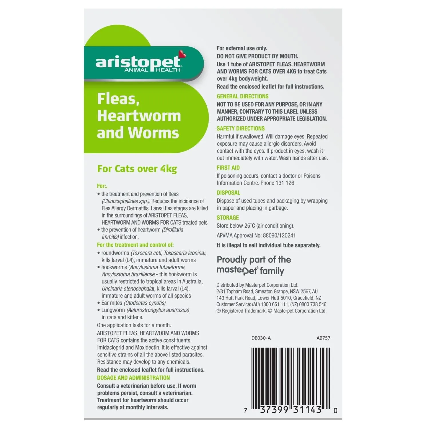 Aristopet Animal Health Fleas, Heartworm & Worms For Cats >4Kg