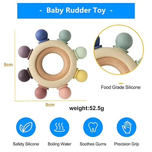 Arudyo Baby Teething Toys Silicone Teethers BPA Free Silicone Rudder with Wooden Ring Soothe Babies Gums (8 Directions - Gray)