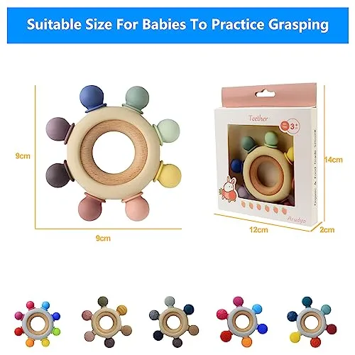 Arudyo Baby Teething Toys Silicone Teethers BPA Free Silicone Rudder with Wooden Ring Soothe Babies Gums (8 Directions - Gray)