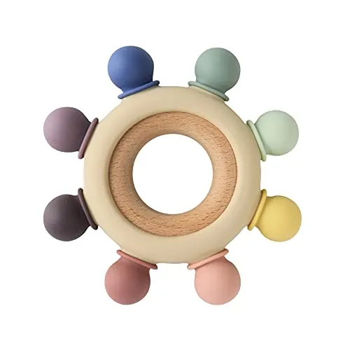 Arudyo Baby Teething Toys Silicone Teethers BPA Free Silicone Rudder with Wooden Ring Soothe Babies Gums (8 Directions - Gray)