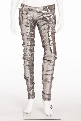 Balmain - NWT Unique Motorcycle Leather Reptile Texture Silver Skinny Jeans - FR 40