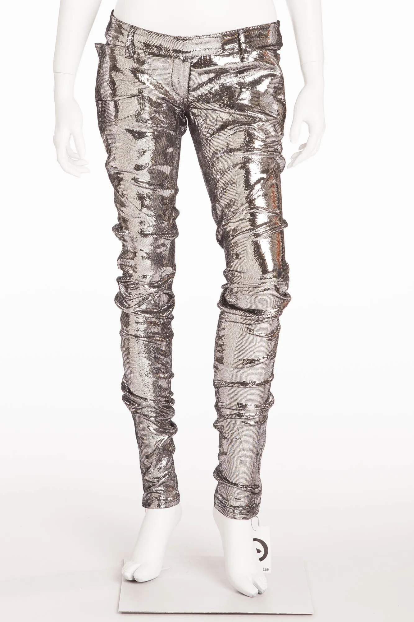 Balmain - NWT Unique Motorcycle Leather Reptile Texture Silver Skinny Jeans - FR 40