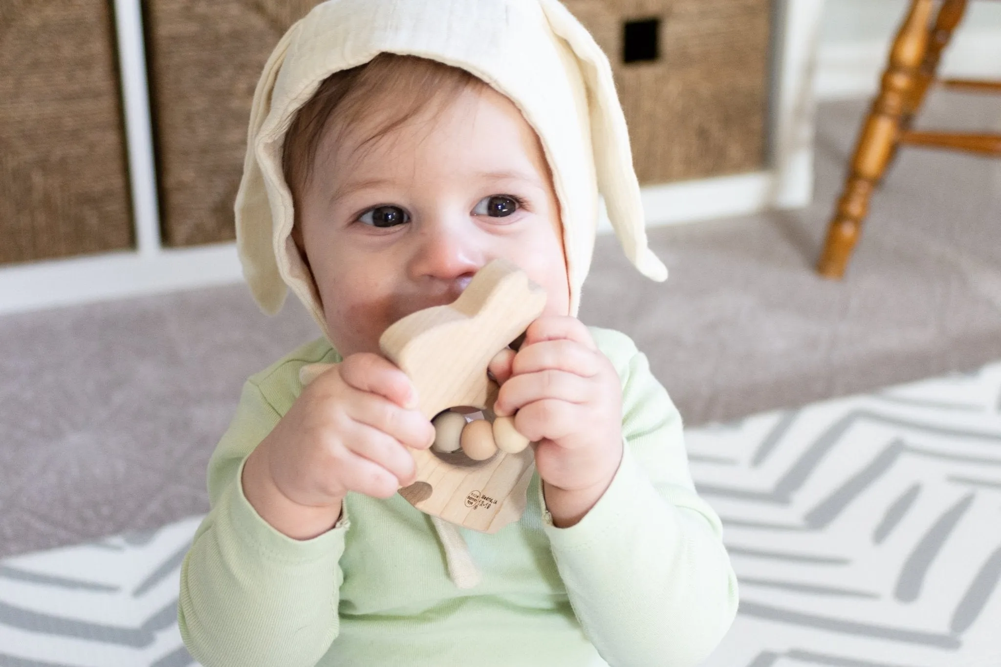 Bunny Wooden Grasping Toy with Teething Beads