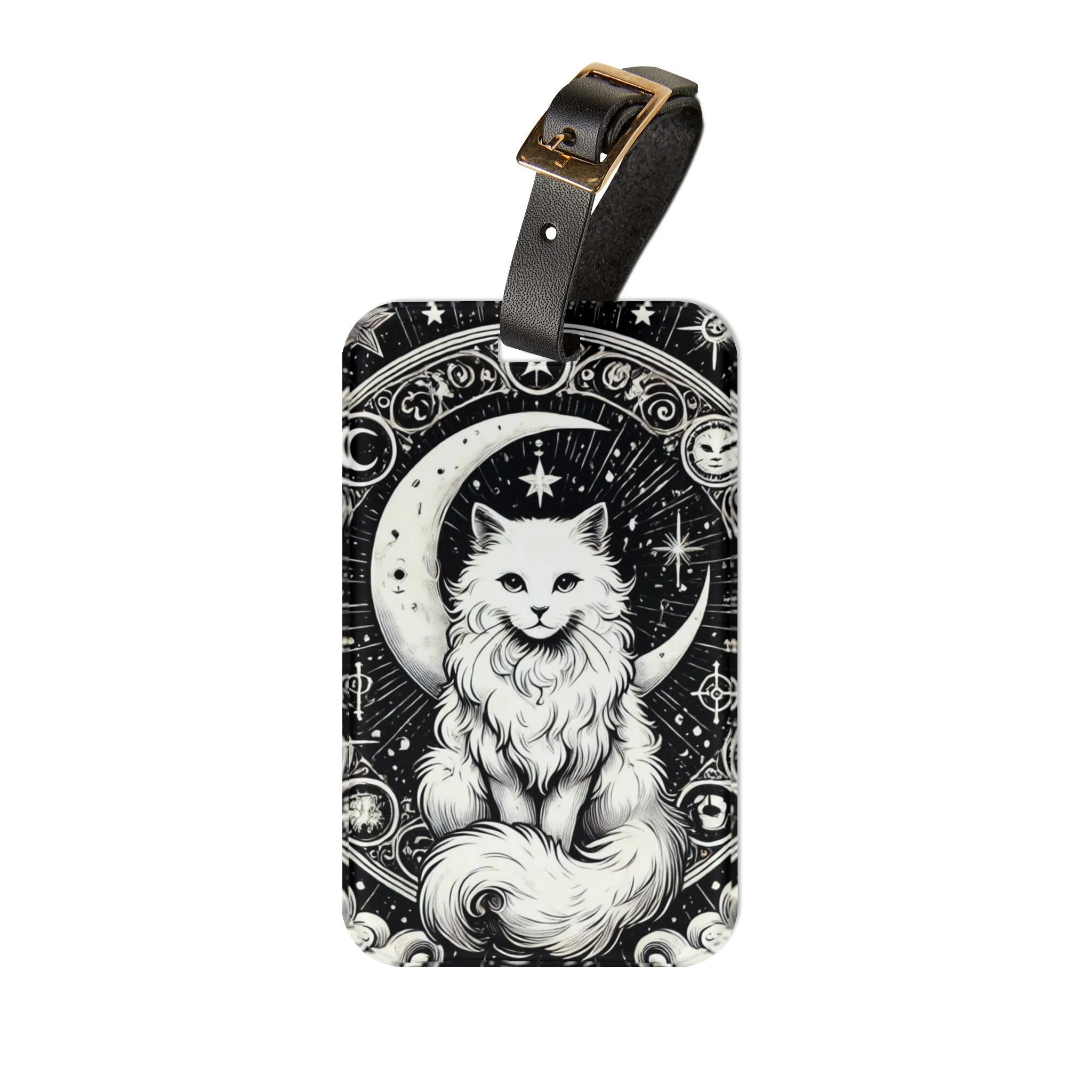 Celestial Tarot Moon - White Cat - Luggage Tag - Travel Gift