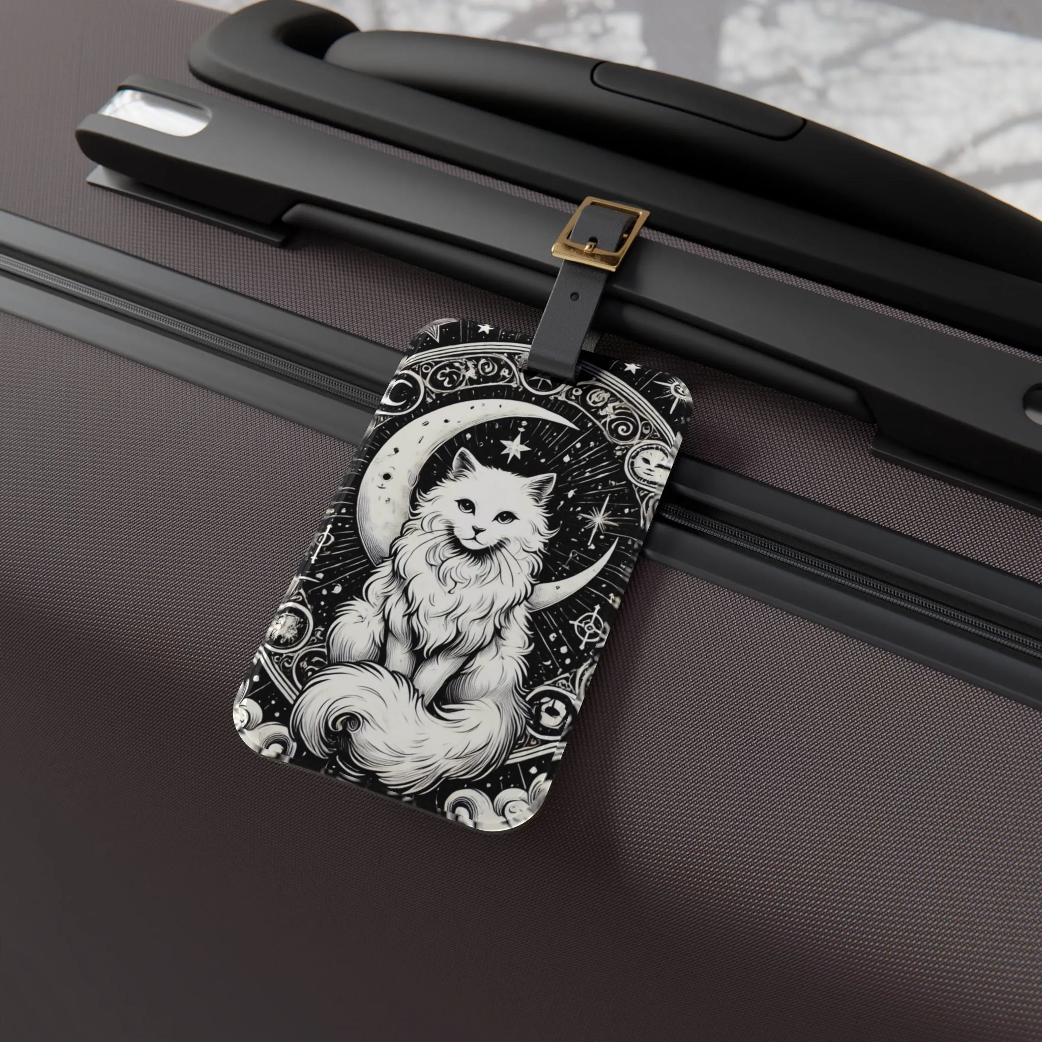 Celestial Tarot Moon - White Cat - Luggage Tag - Travel Gift