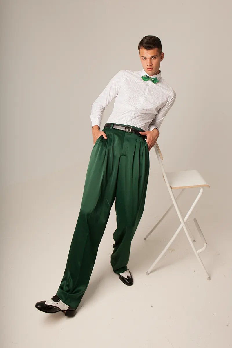 Forest Green Crepe Satin Tango Pants With Four Pleats