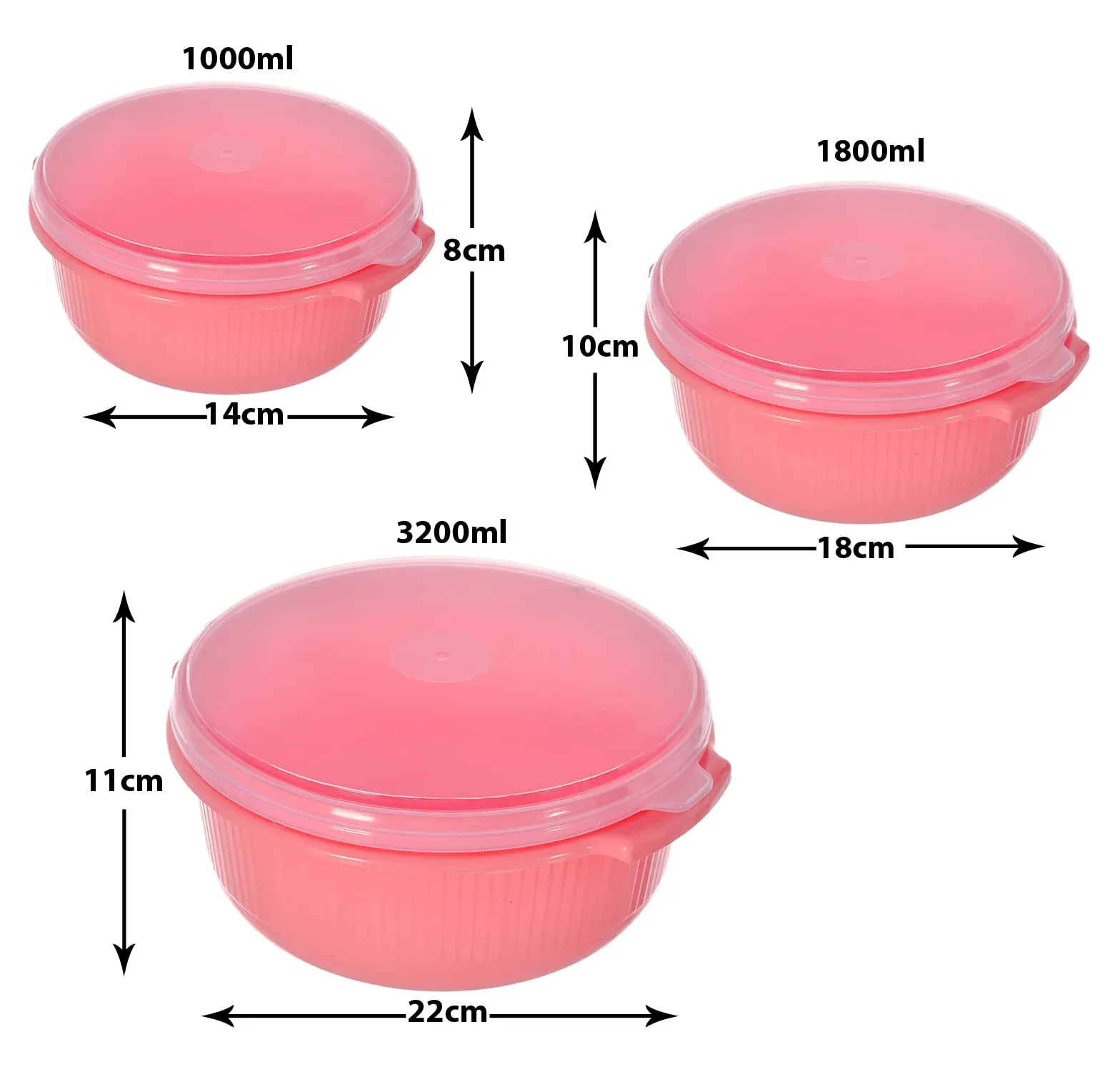 Heart Home Food Grade, Microwave & Freezer Safe Plastic Bowls, Food Storage Container Set With Lid, Set of 3 (3200ml, 1800ml, 1000ml) (Pink)-46HH0320