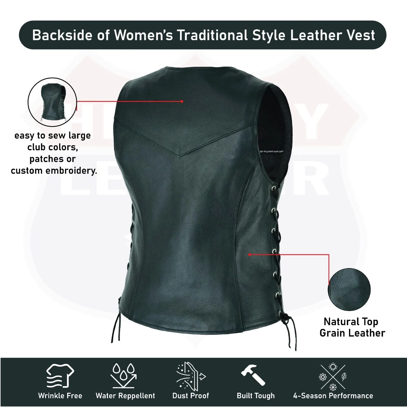 HL14851NKD Naked Women's Lace up side leather motorcycle vest