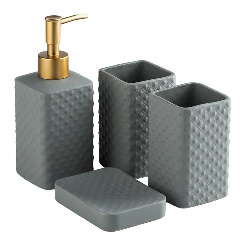 Homestic Bathroom Accessories Set | Ceramic Bathroom Tooth Brush Holder | Bathroom Soap Holder Dish | Kitchen Soap Dispenser 350 ML | Water Cup 340 ML | ZX062GY-4T | Set of 4 | Gray