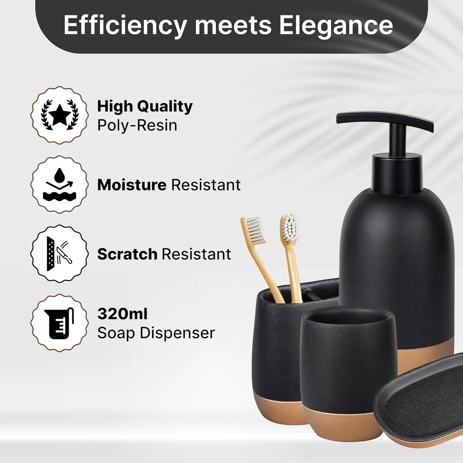 Homestic Premium 4-Piece Bathroom Accessories Set | Soap Dish | Liquid Soap Dispenser (250ml) | Tumbler | Brush Holder | Moisture Resistant | Scratch Proof | Black-Golden