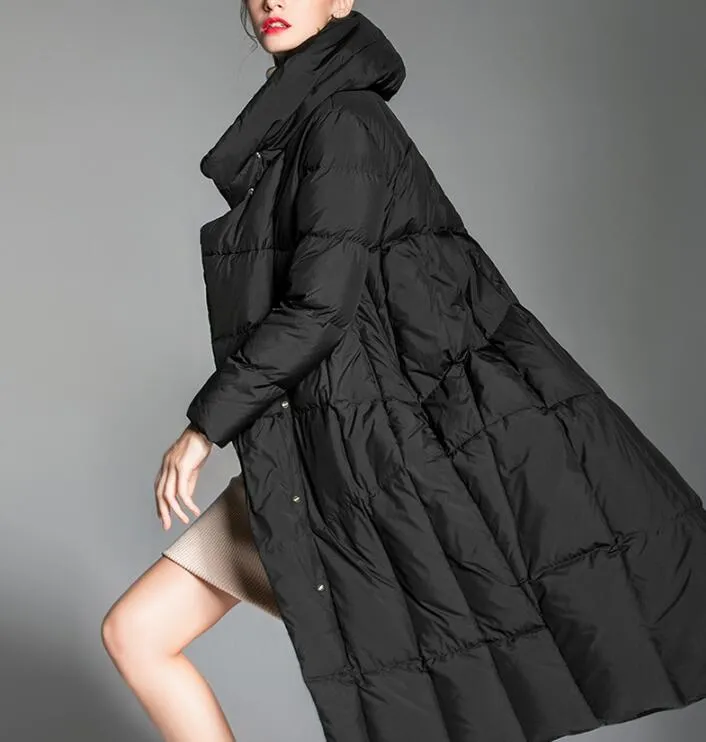 Irregular Hem Long Women Down Coat Hooded Winter Loose Duck Down Jackets/0099