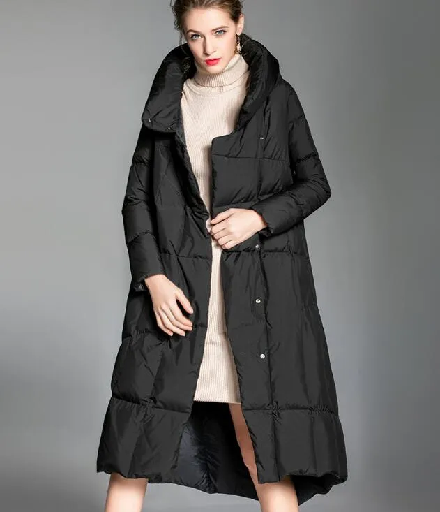 Irregular Hem Long Women Down Coat Hooded Winter Loose Duck Down Jackets/0099