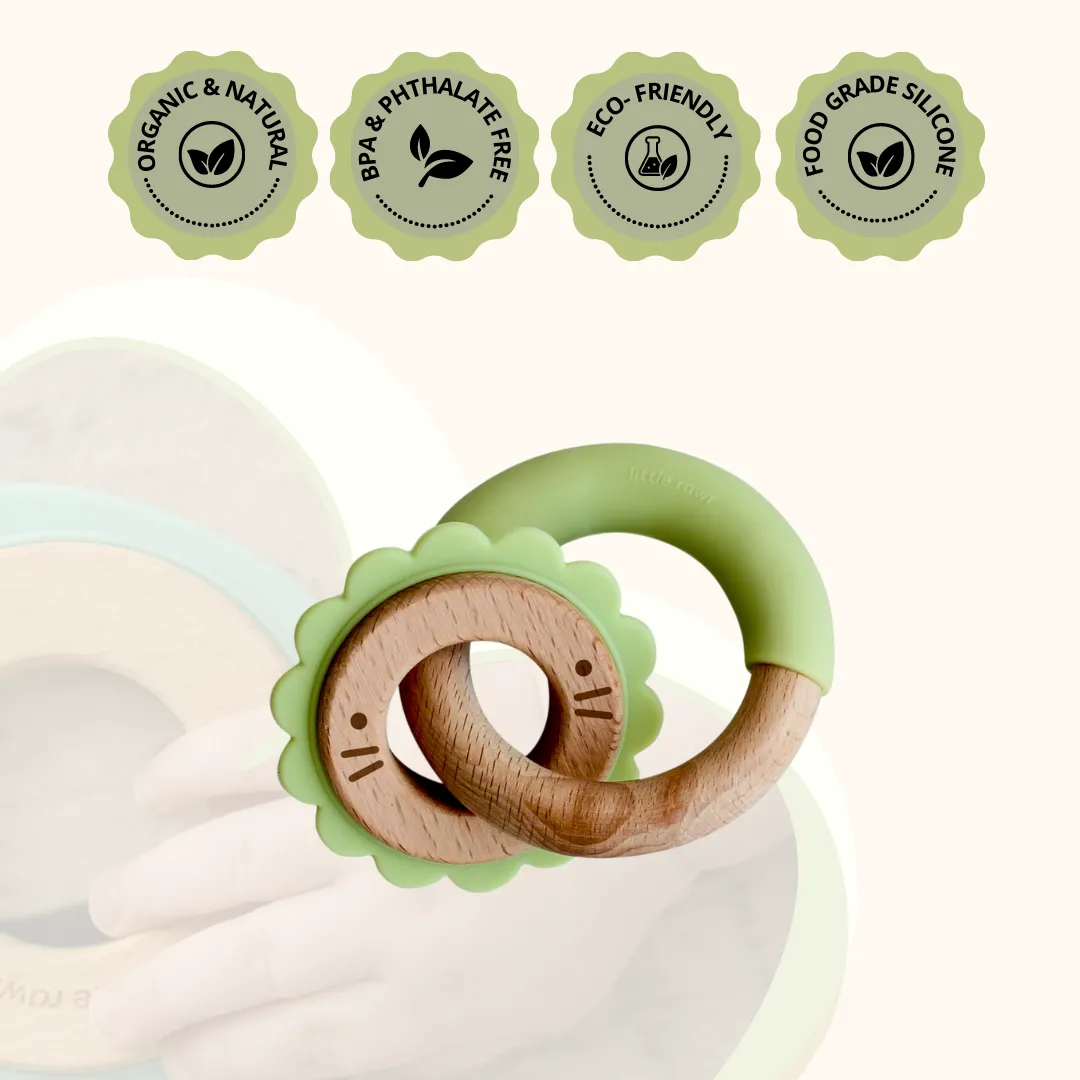 Little Rawr Wood   Silicone Disc & Ring Teether- LION Shape- Green