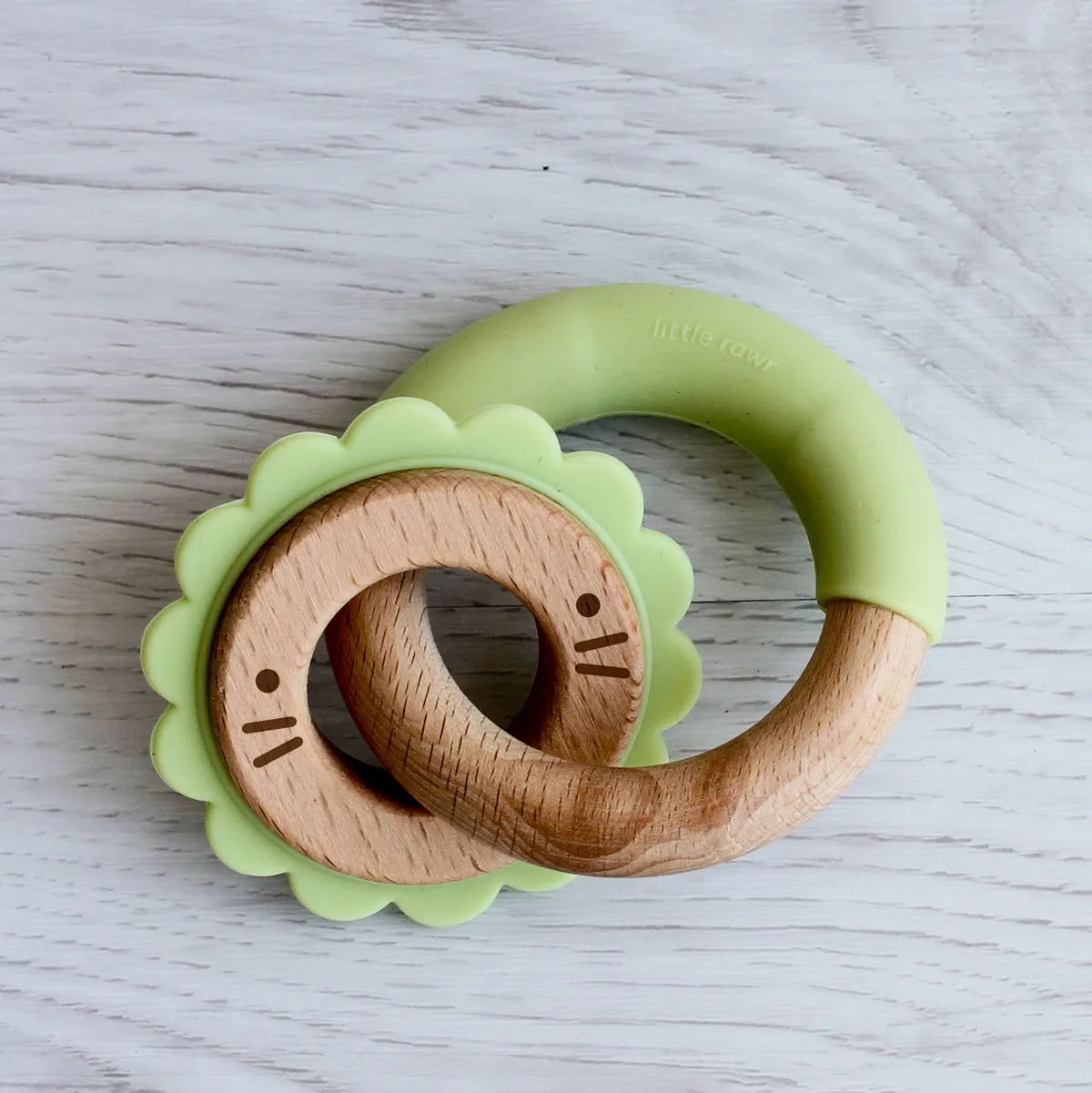 Little Rawr Wood   Silicone Disc & Ring Teether- LION Shape- Green