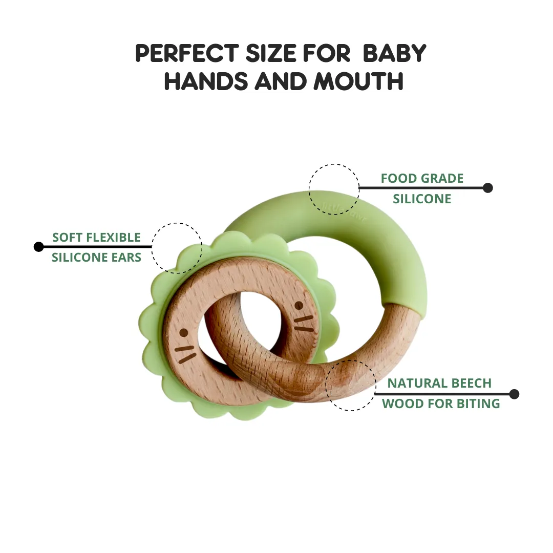 Little Rawr Wood   Silicone Disc & Ring Teether- LION Shape- Green