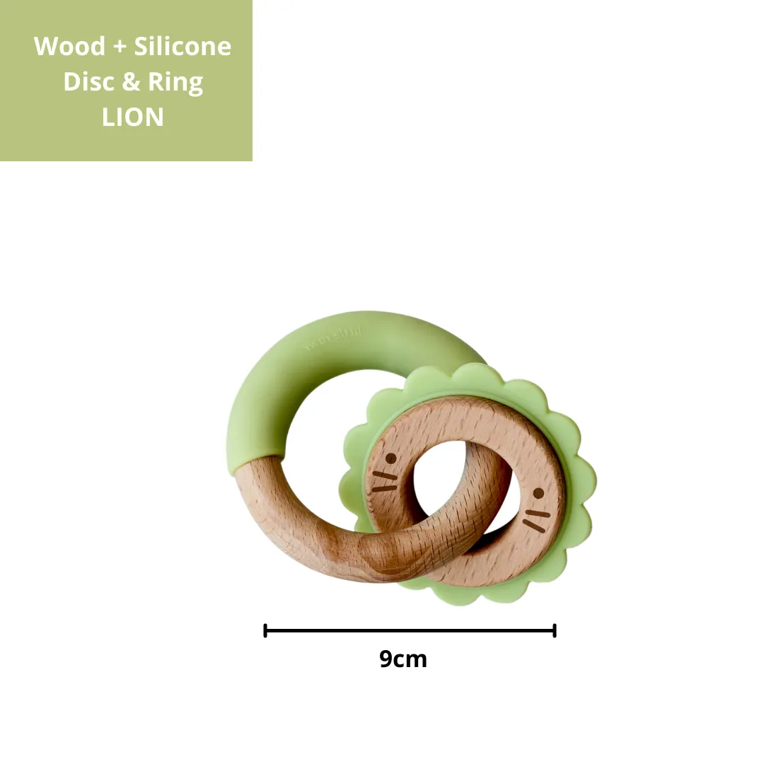 Little Rawr Wood   Silicone Disc & Ring Teether- LION Shape- Green