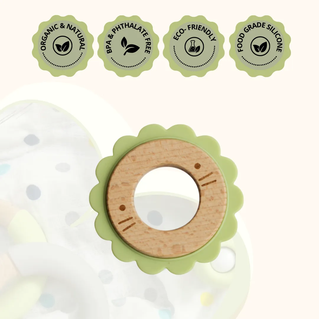 Little Rawr Wood   Silicone Disc Teether- LION Shape- Green