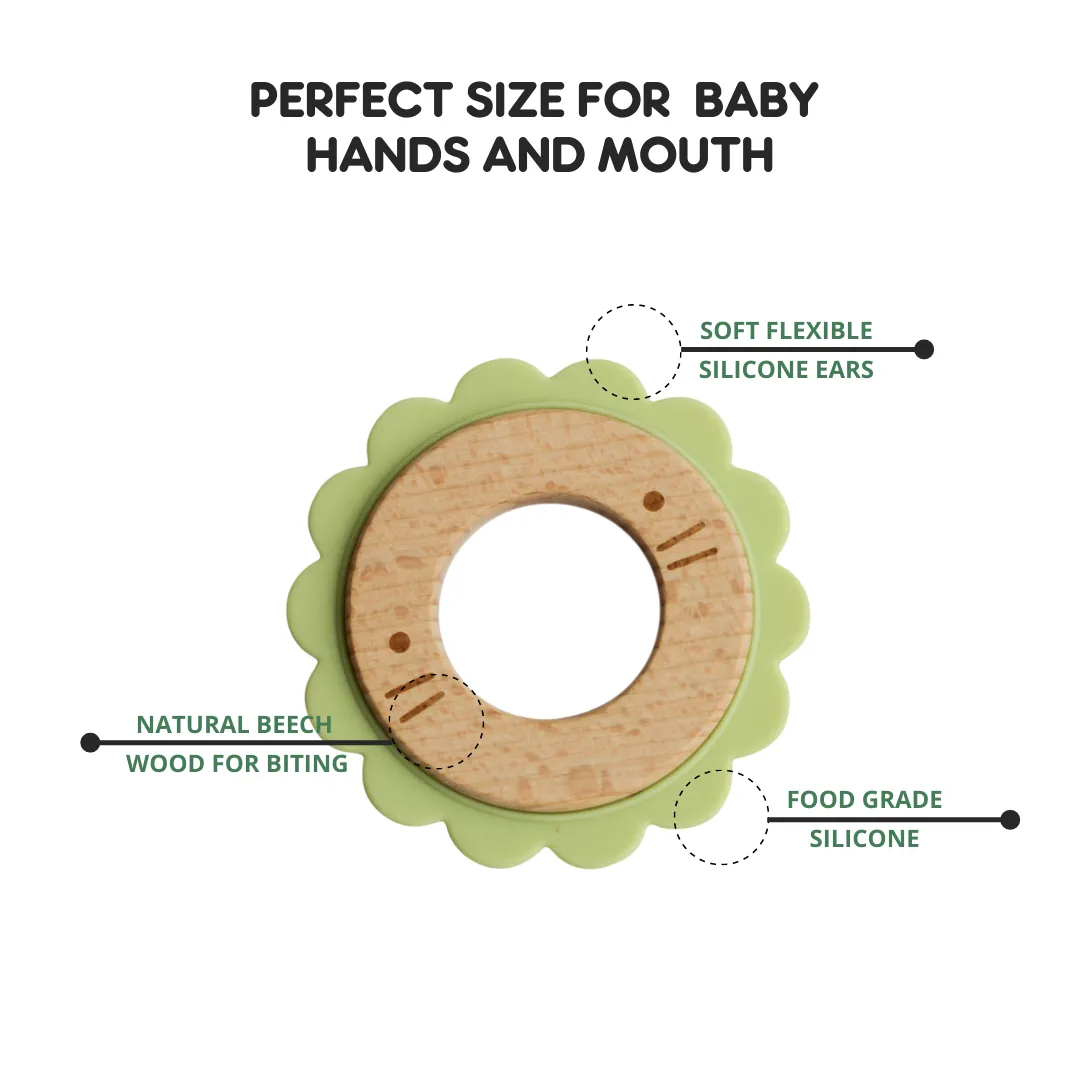 Little Rawr Wood   Silicone Disc Teether- LION Shape- Green