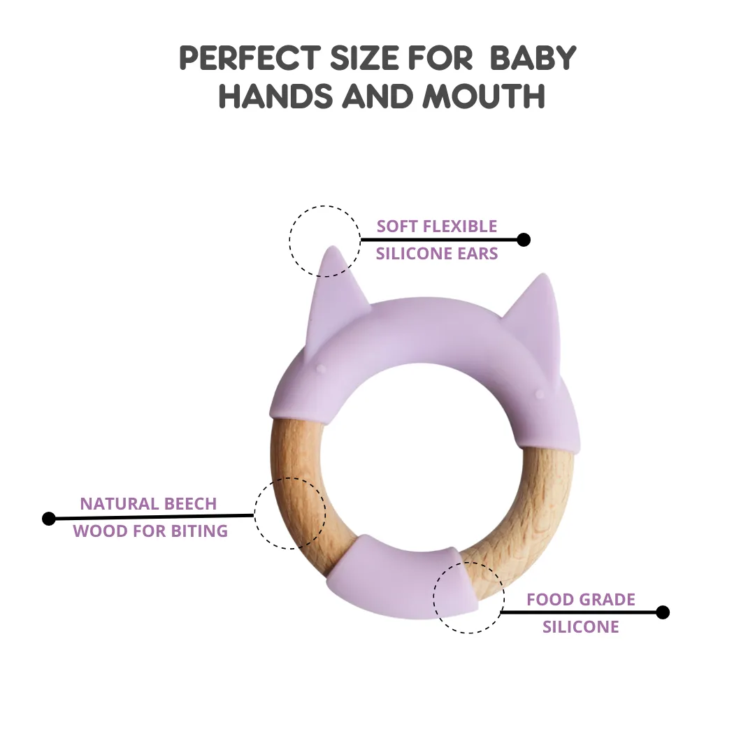 Little Rawr Wood   Silicone Teether Ring - KITTY Shape- Purple