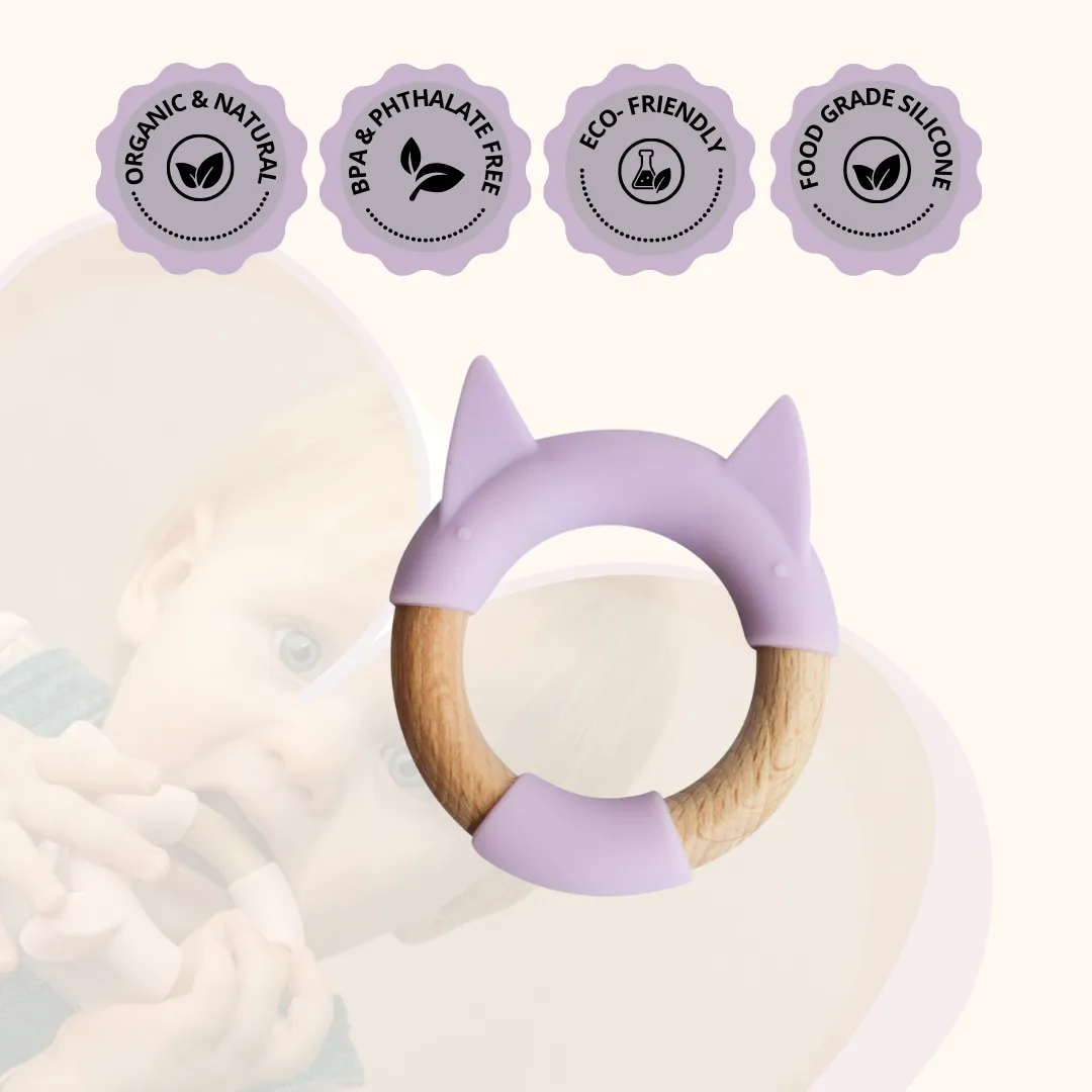 Little Rawr Wood   Silicone Teether Ring - KITTY Shape- Purple