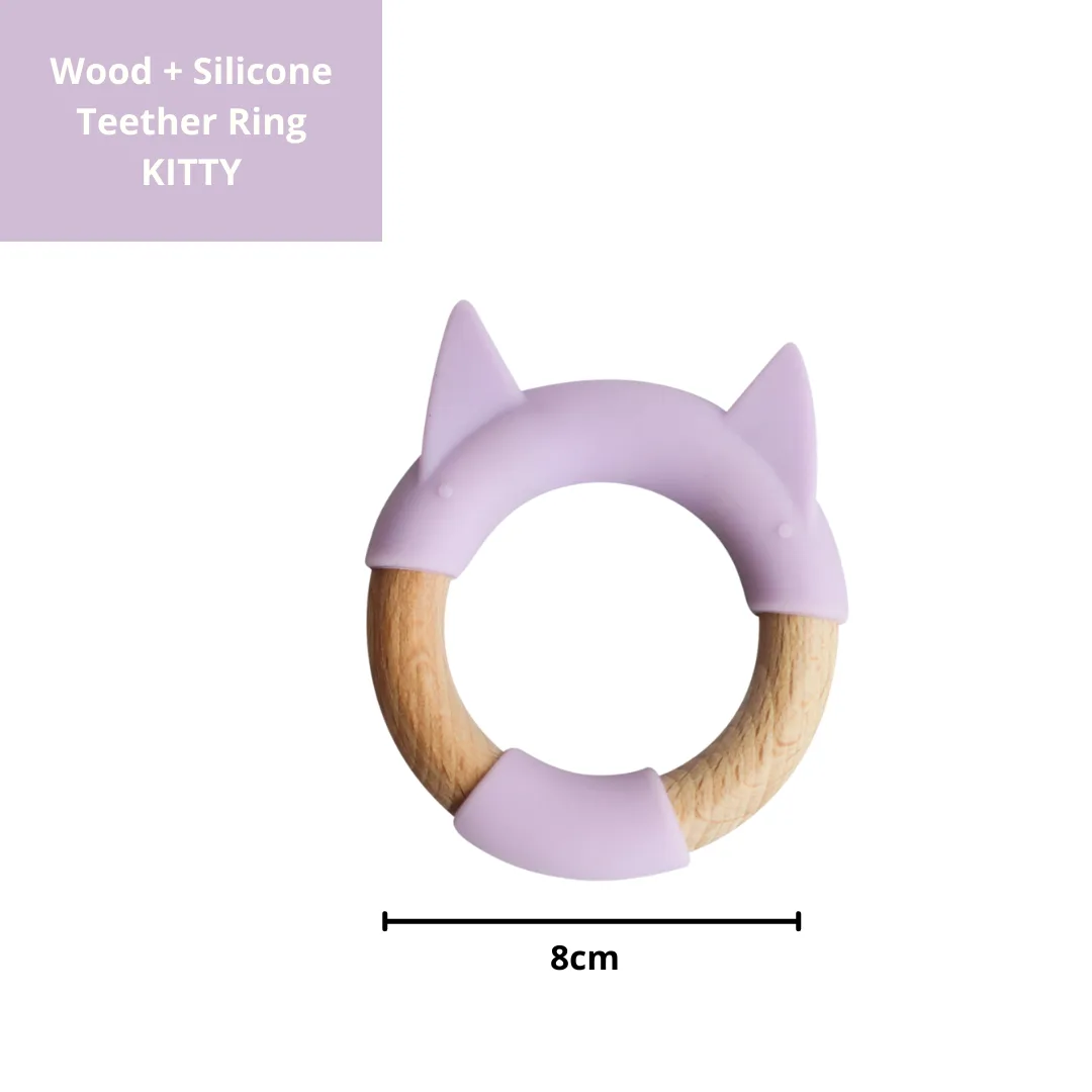 Little Rawr Wood   Silicone Teether Ring - KITTY Shape- Purple