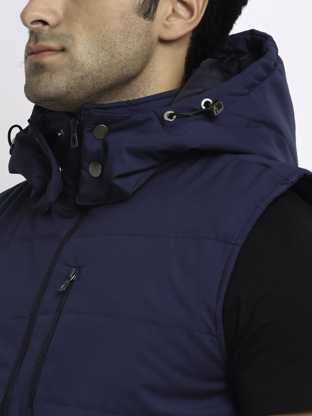 Men Navy Blue Hooded Solid Jacket