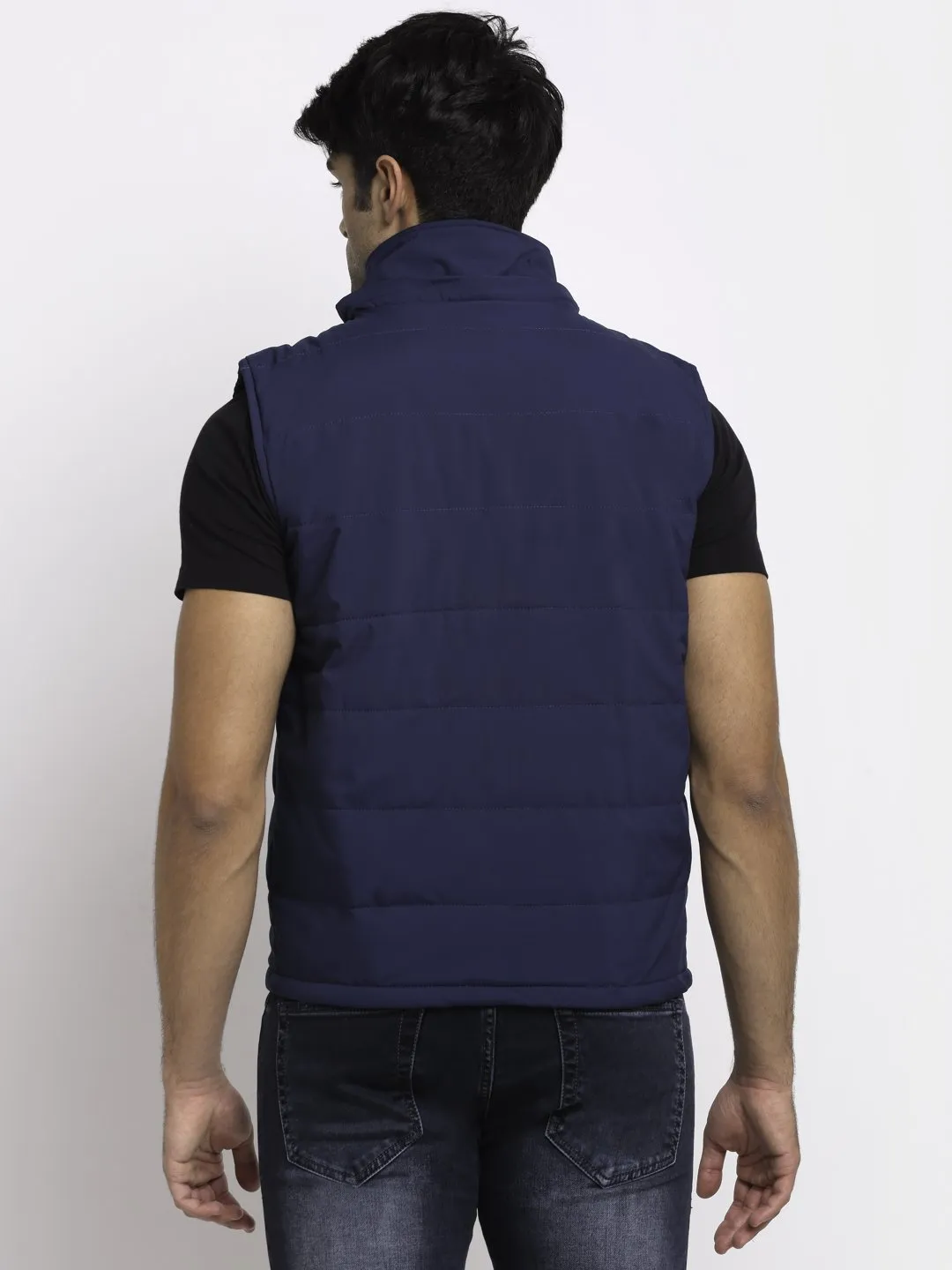 Men Navy Blue Hooded Solid Jacket