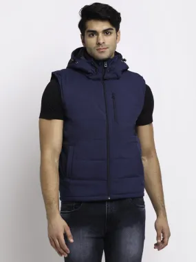 Men Navy Blue Hooded Solid Jacket