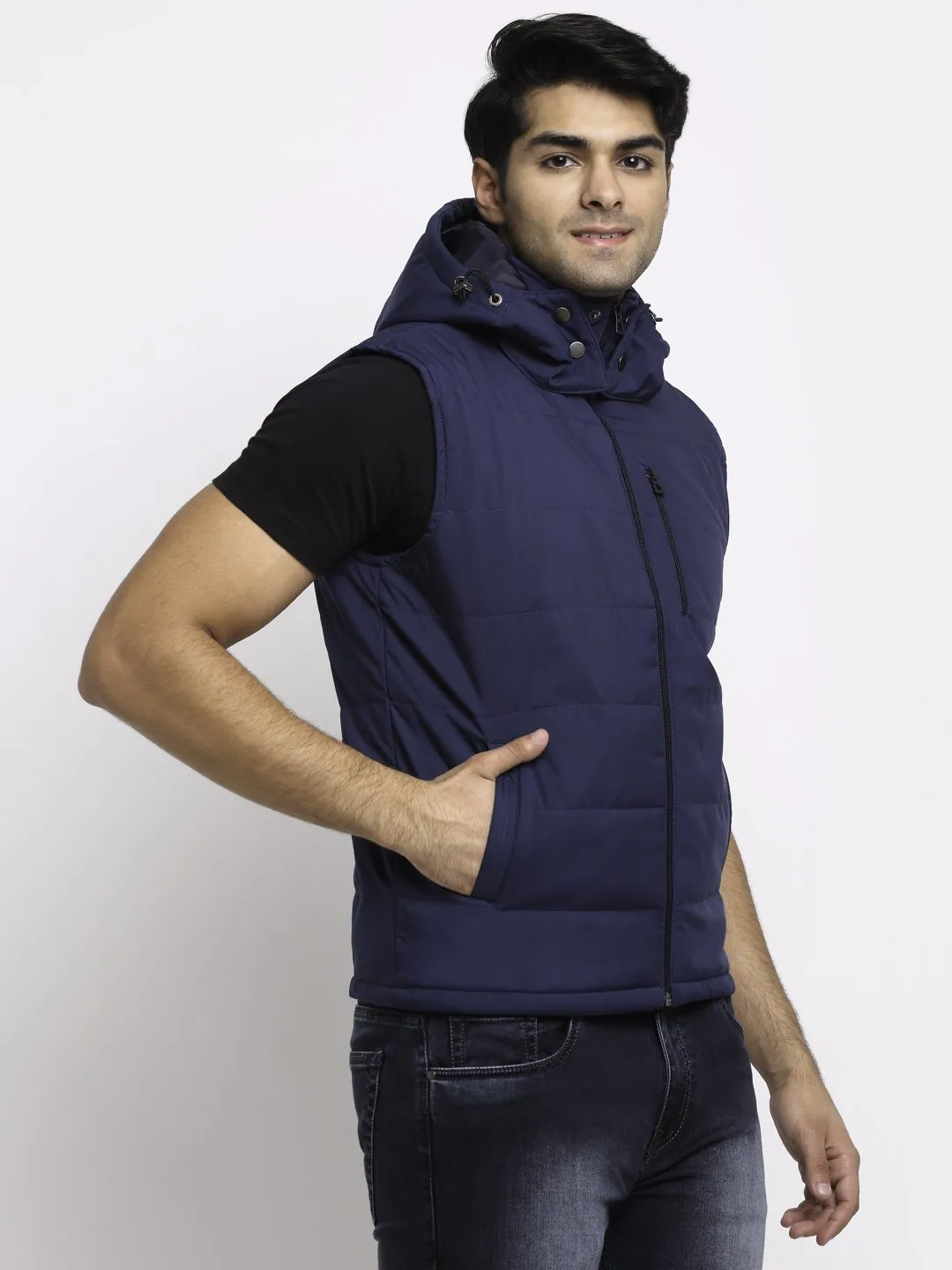 Men Navy Blue Hooded Solid Jacket