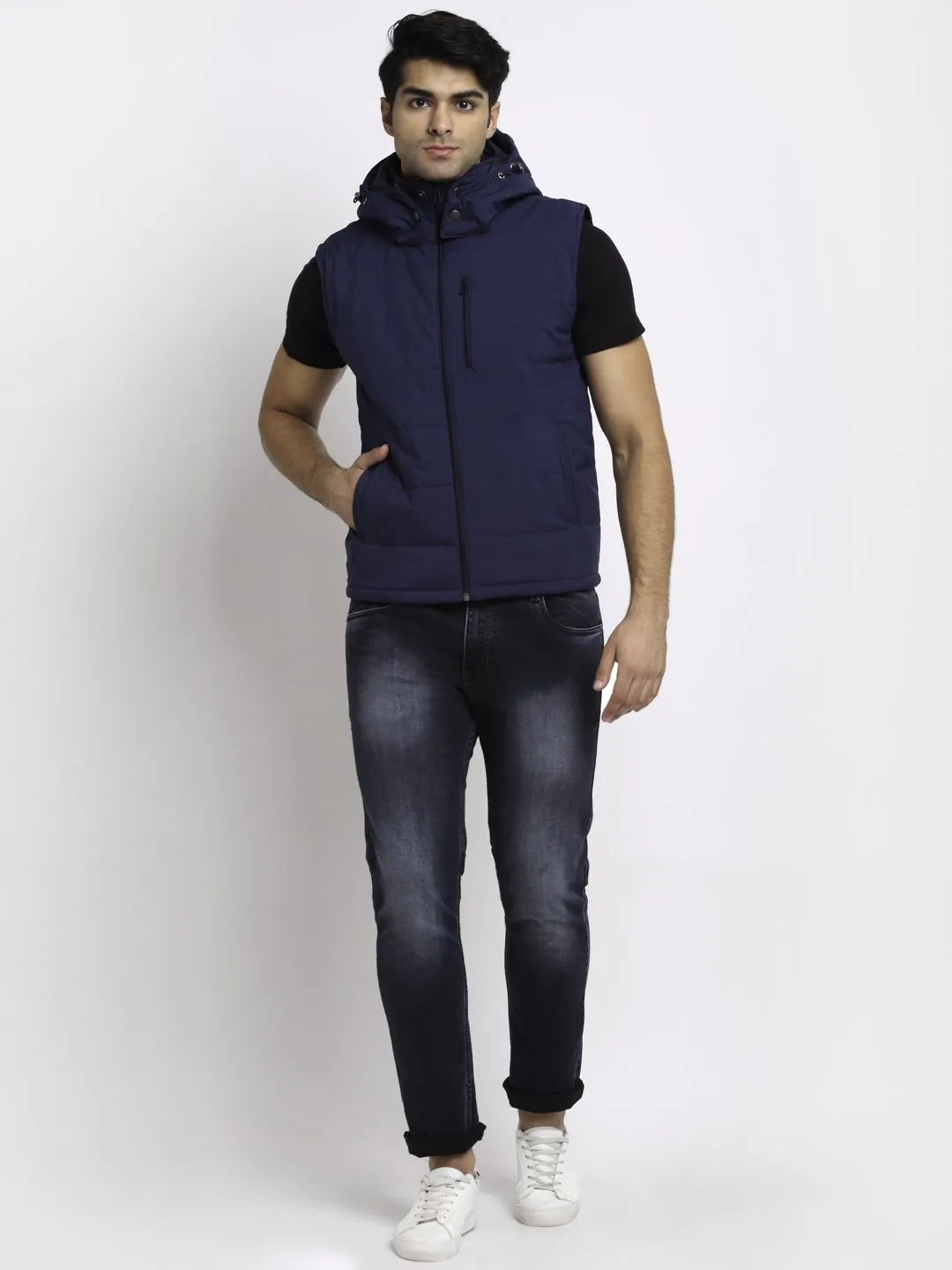 Men Navy Blue Hooded Solid Jacket