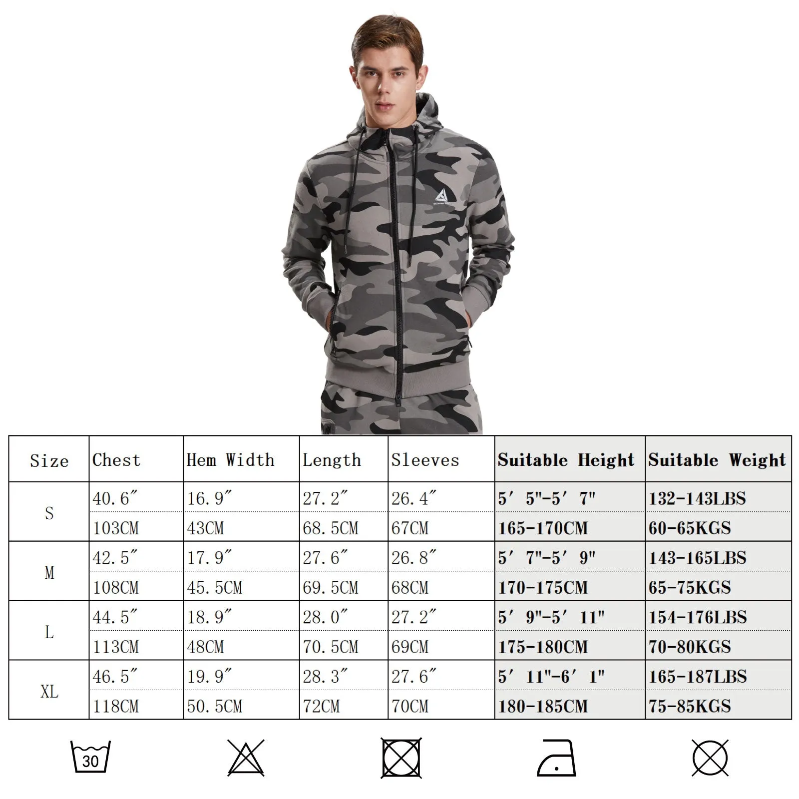 Mens Hoodie Full Zip Sweatshirts Camo Jacket size S M L XL