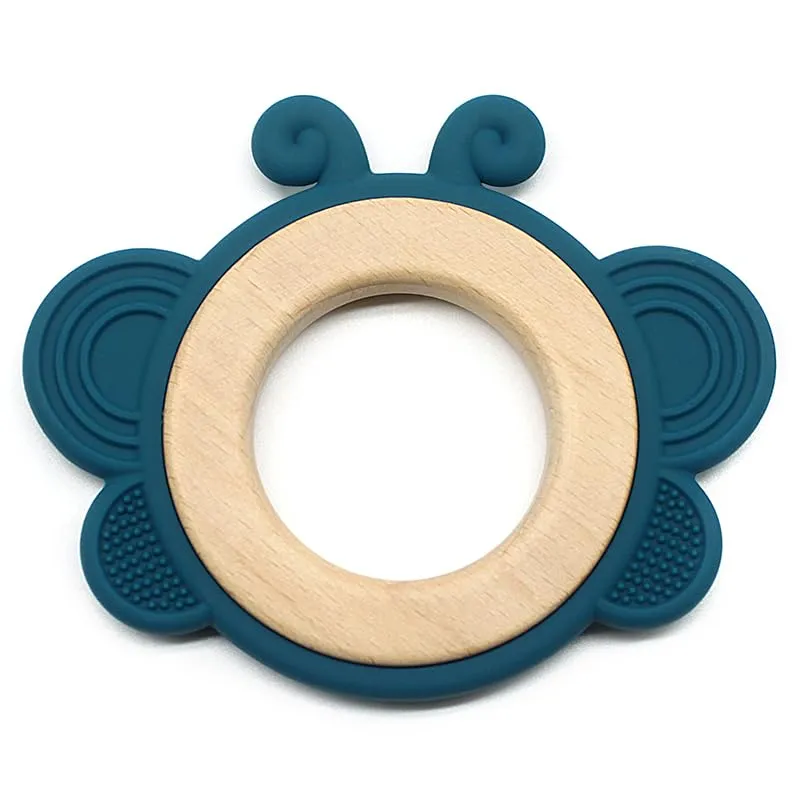 Playbox Wooden Butterfly BPA Free Silicone Baby Teether Gums in Assorted Colors