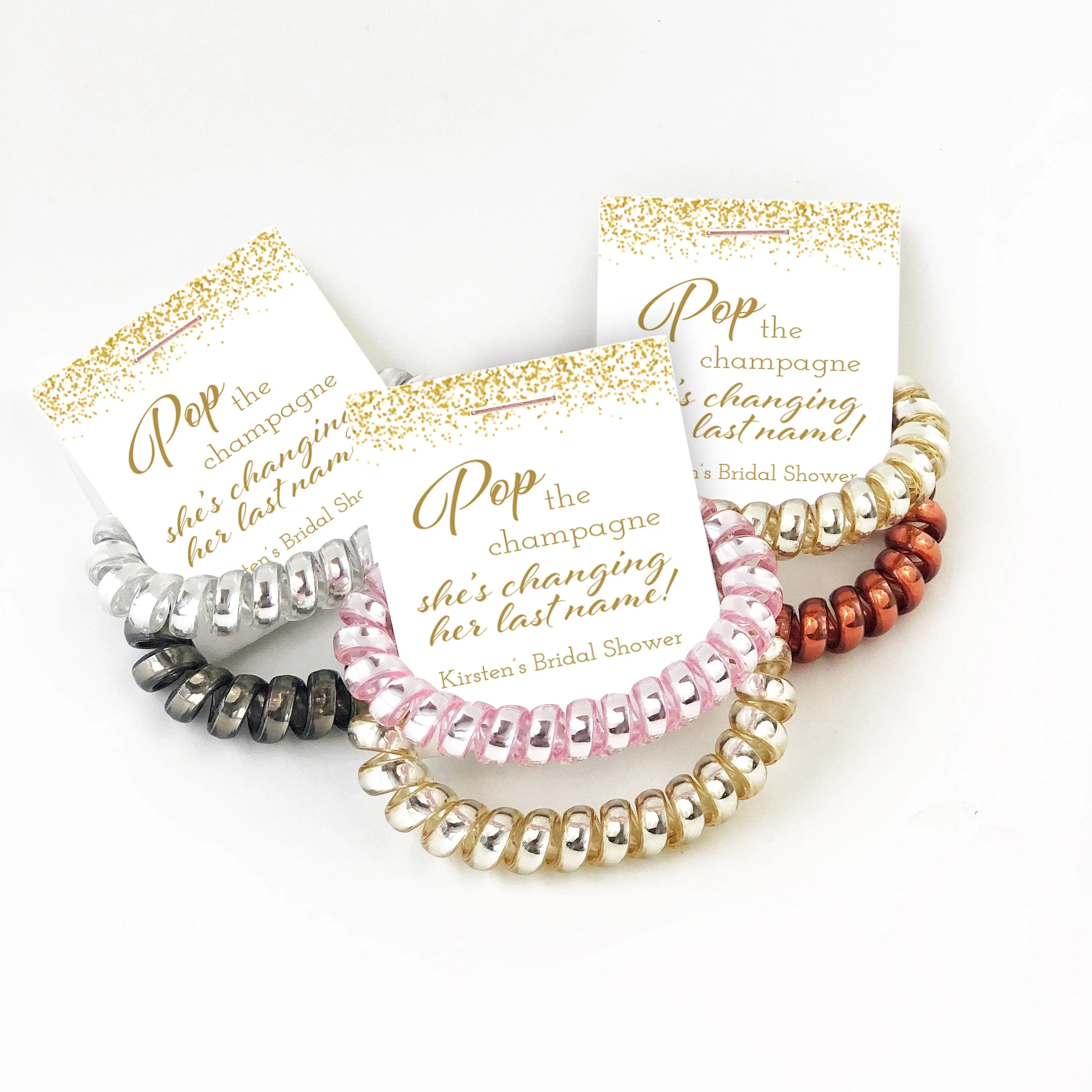 Pop The Champagne She's Changing Her Last Name Bridal Shower Favors, Spiral Hair Ties