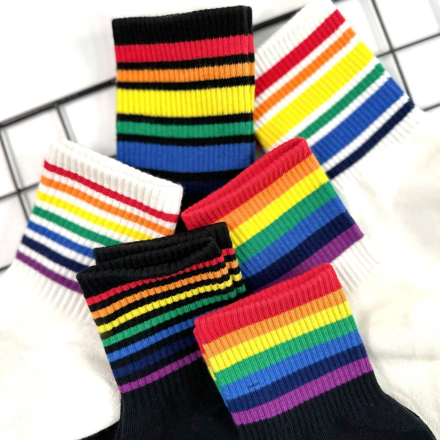 Rainbow Women's Crew Socks in White or Black | LGBTQ Pride [Size 5-10]