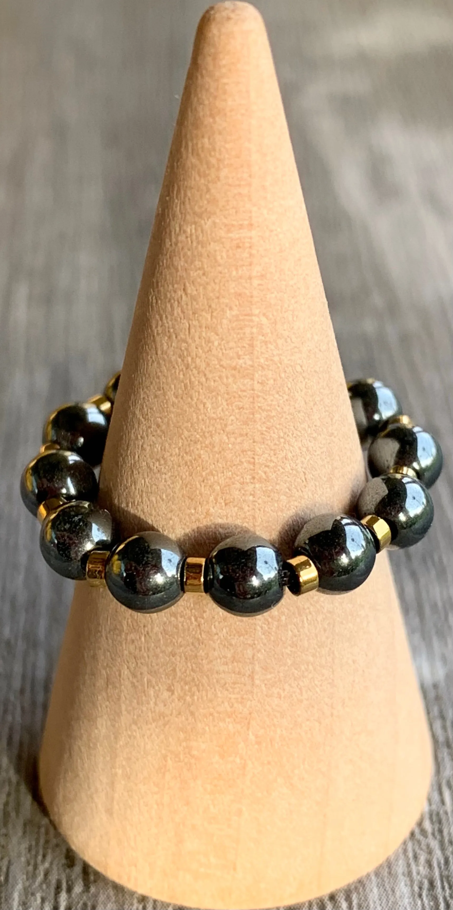 Sandy Handmade Black Hematite and Gold Plated Hematite Expandable Ring