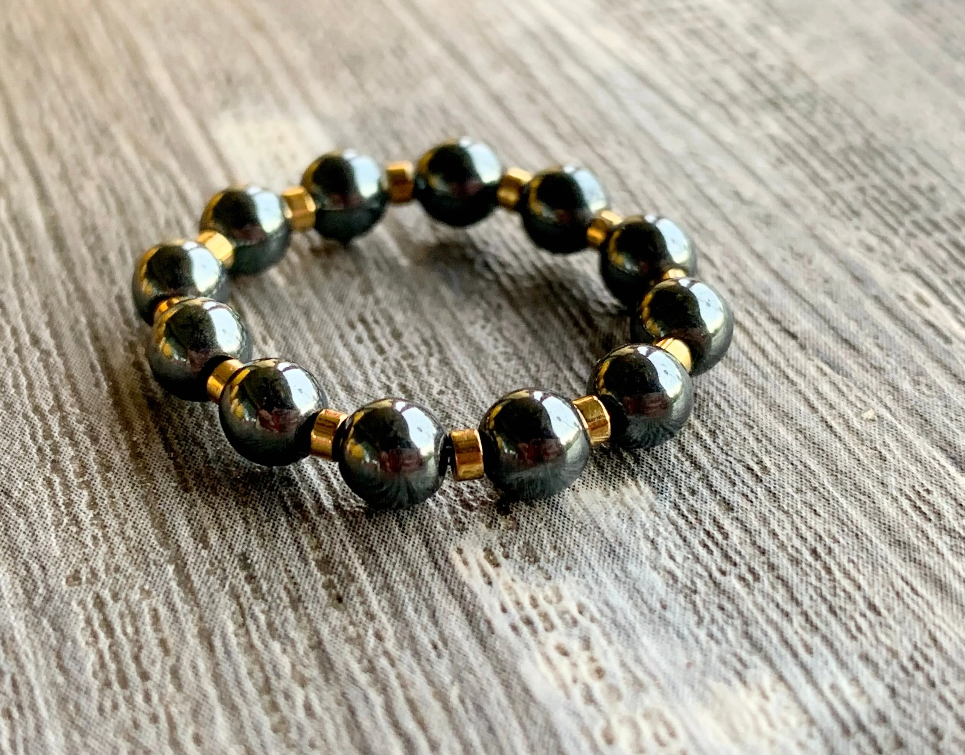 Sandy Handmade Black Hematite and Gold Plated Hematite Expandable Ring