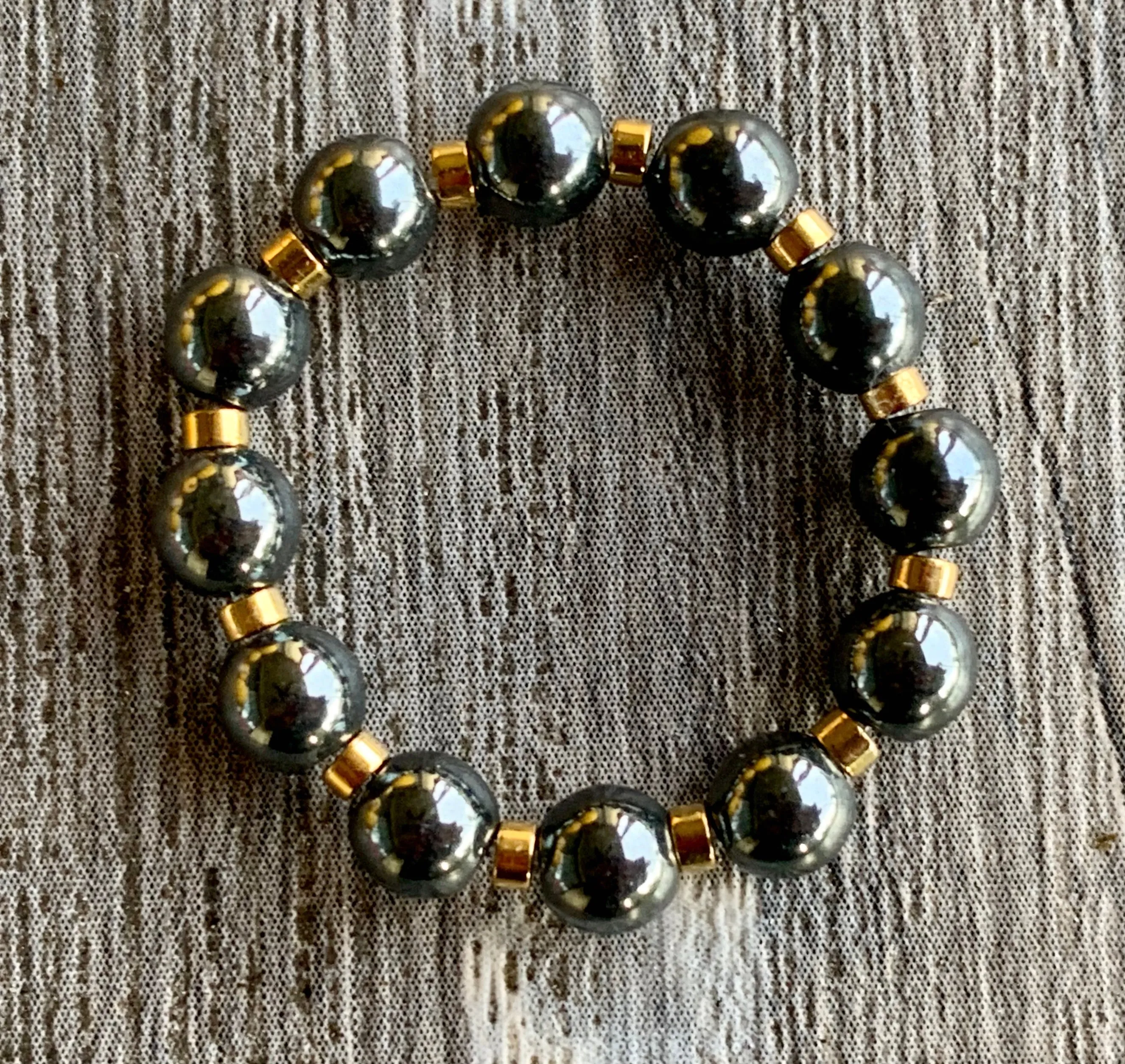 Sandy Handmade Black Hematite and Gold Plated Hematite Expandable Ring