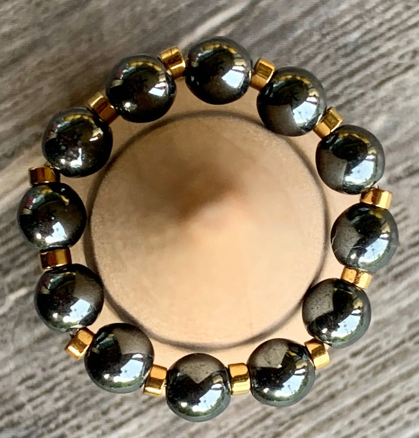 Sandy Handmade Black Hematite and Gold Plated Hematite Expandable Ring