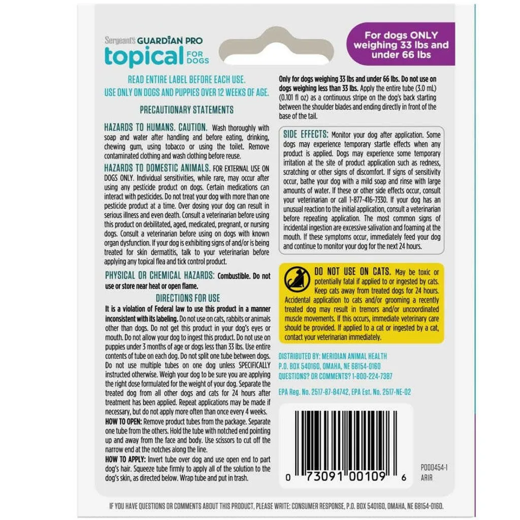 Sergeant's Guardian Pro Flea & Tick Topical for Dogs, 33 lbs and under, 3-month supply