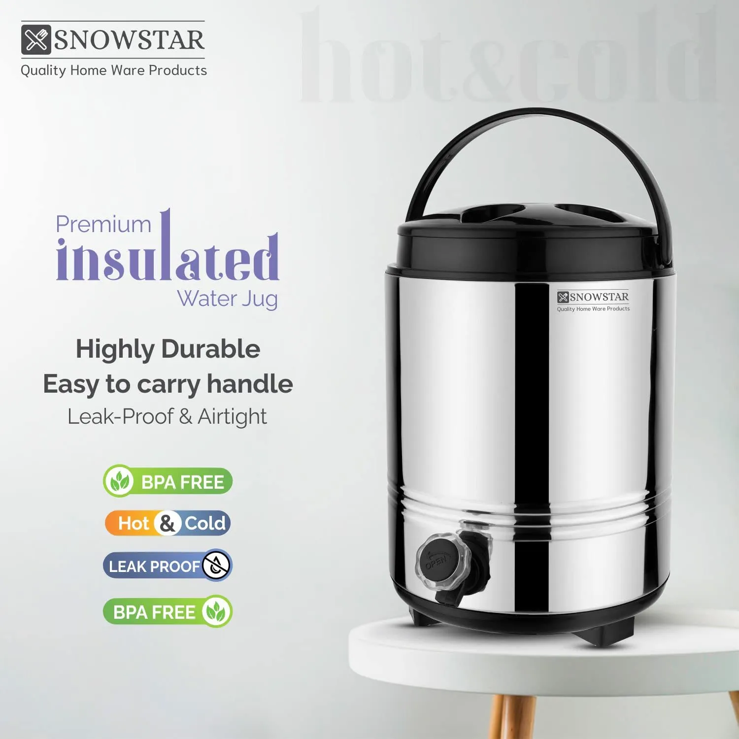 Snowstar Stainless Steel Thermoware Insulated Water Containers with Leak Proof Tap - Hot and Cold Water Dispenser 8 Liters, Silver - Double Walled PUF Insulated Vaccum Water Jug for Office Kitchen