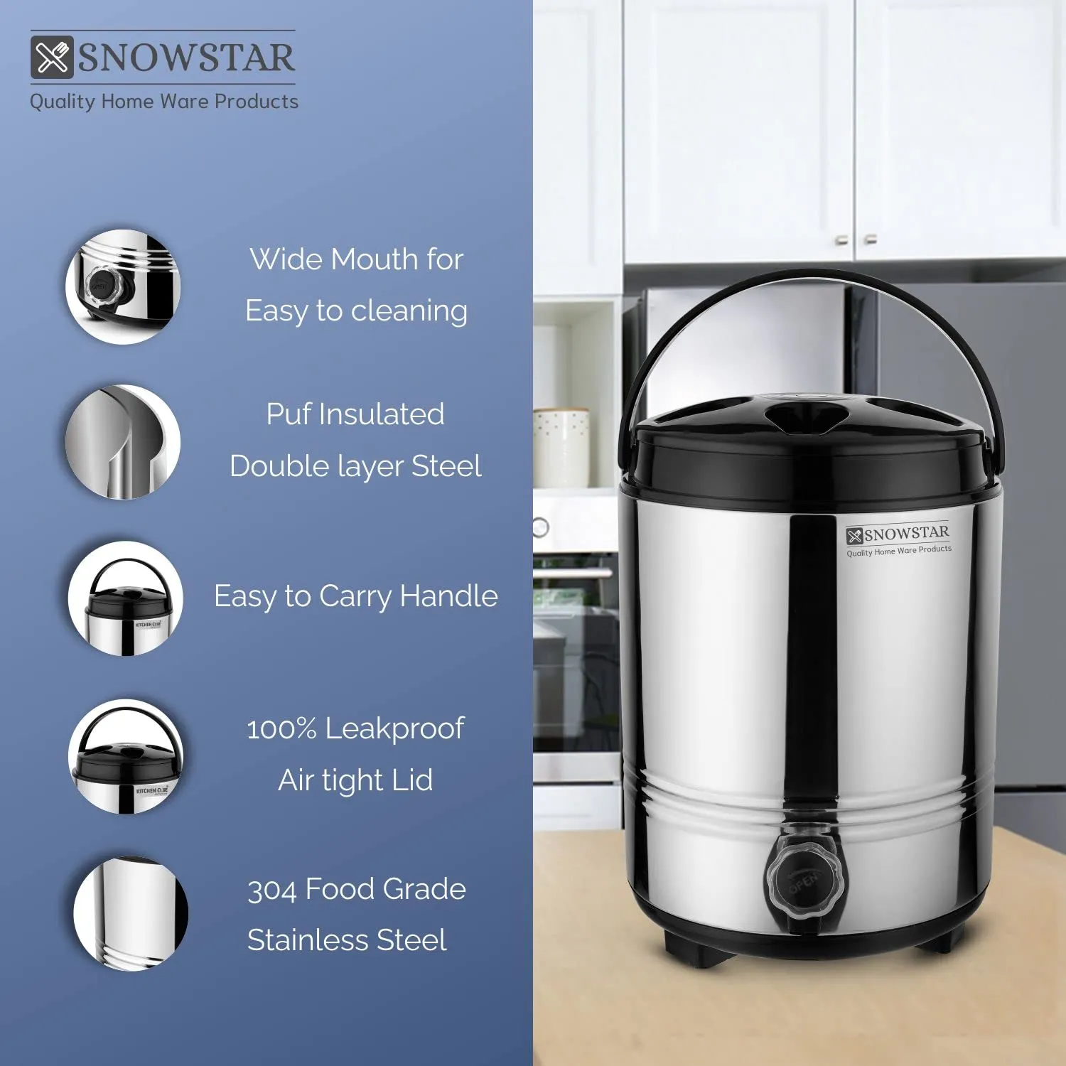 Snowstar Stainless Steel Thermoware Insulated Water Containers with Leak Proof Tap - Hot and Cold Water Dispenser 8 Liters, Silver - Double Walled PUF Insulated Vaccum Water Jug for Office Kitchen