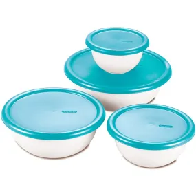 Sterilite 8 Piece Covered Bowl Set, Multisize, White-Teal Lids