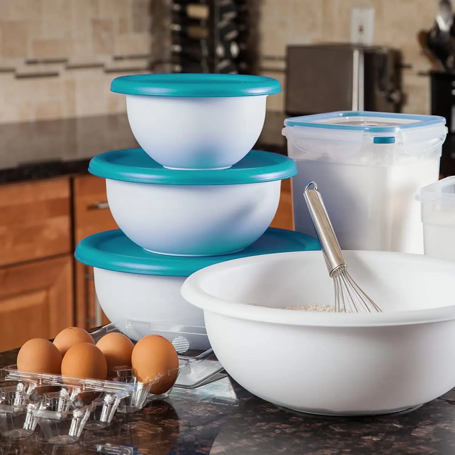 Sterilite 8 Piece Covered Bowl Set, Multisize, White-Teal Lids