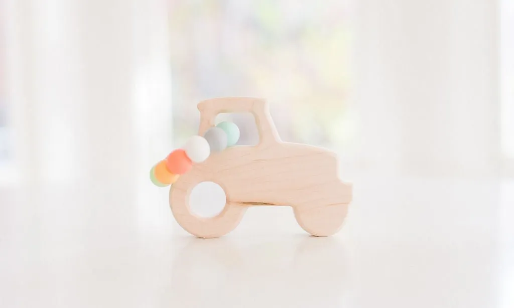 Tractor Wooden Grasping Toy with Teething Beads