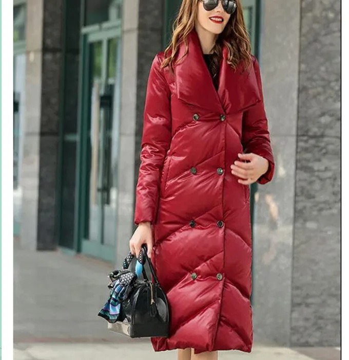 V Neck Long Women Down Coat Hooded Winter Loose 90% Duck Down Jackets